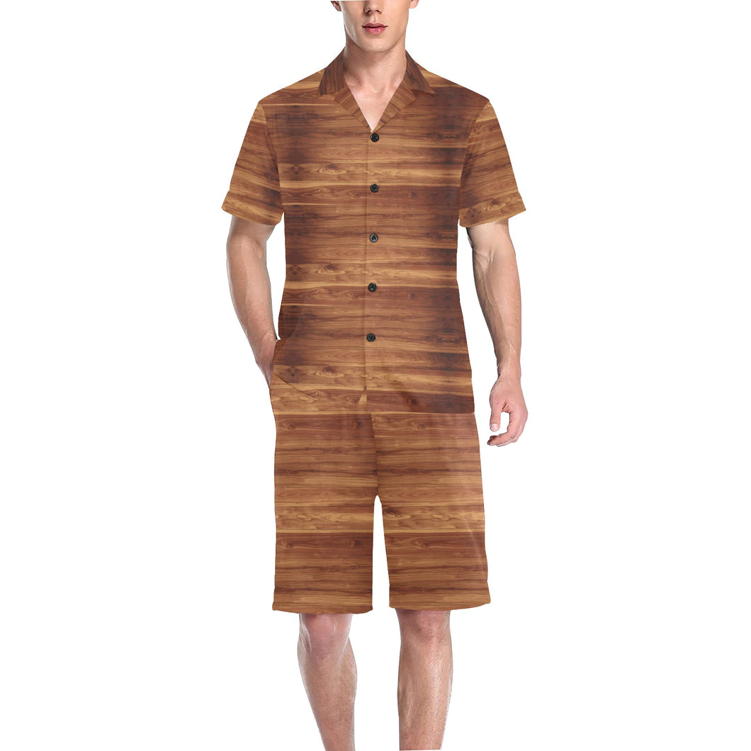 Wood Printed Pattern Print Design 04 Men's V-Neck Short Pajama Set
