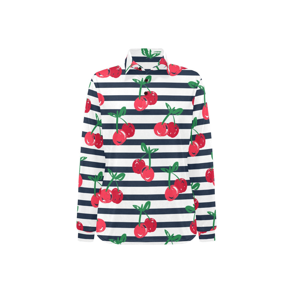 Hand drawn cherry pattern striped background Women's Long Sleeve Polo Shirt