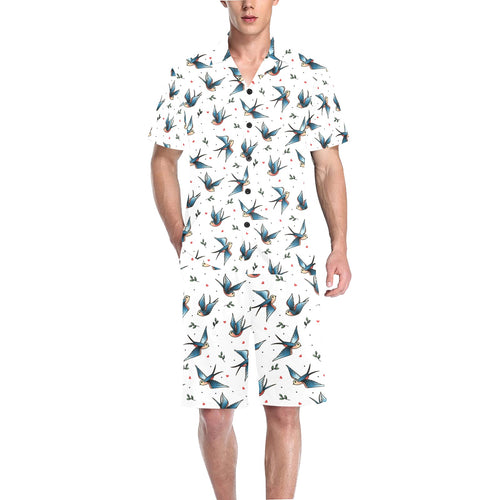 Swallow Pattern Print Design 04 Men's V-Neck Short Pajama Set