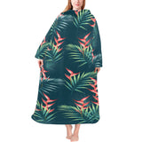 heliconia flowers, palm and monstera leaves on bla Blanket Robe with Sleeves