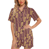 Hand drawn gold saxophone red background Women's V-Neck Short Pajama Set