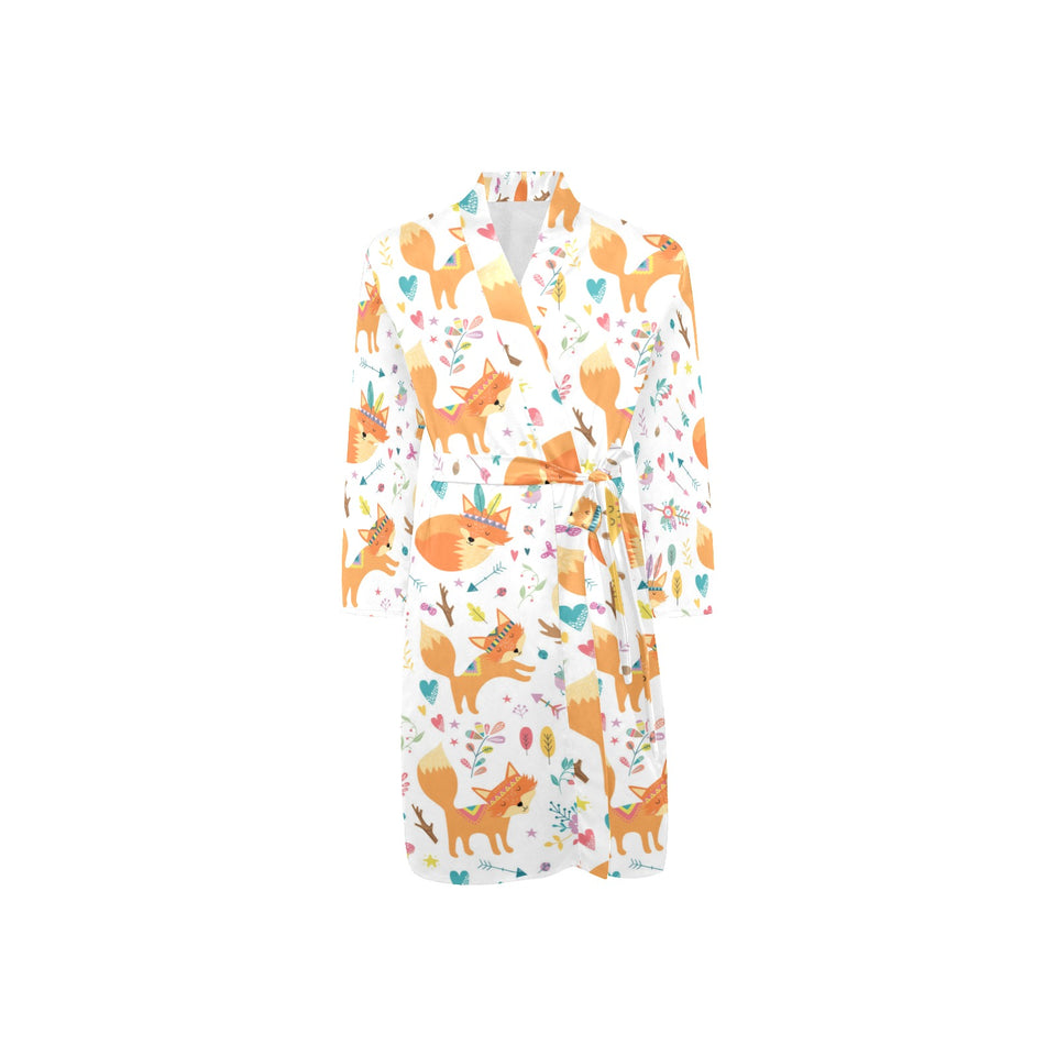 cute tribal fox pattern Men's Long Sleeve Belted Night Robe