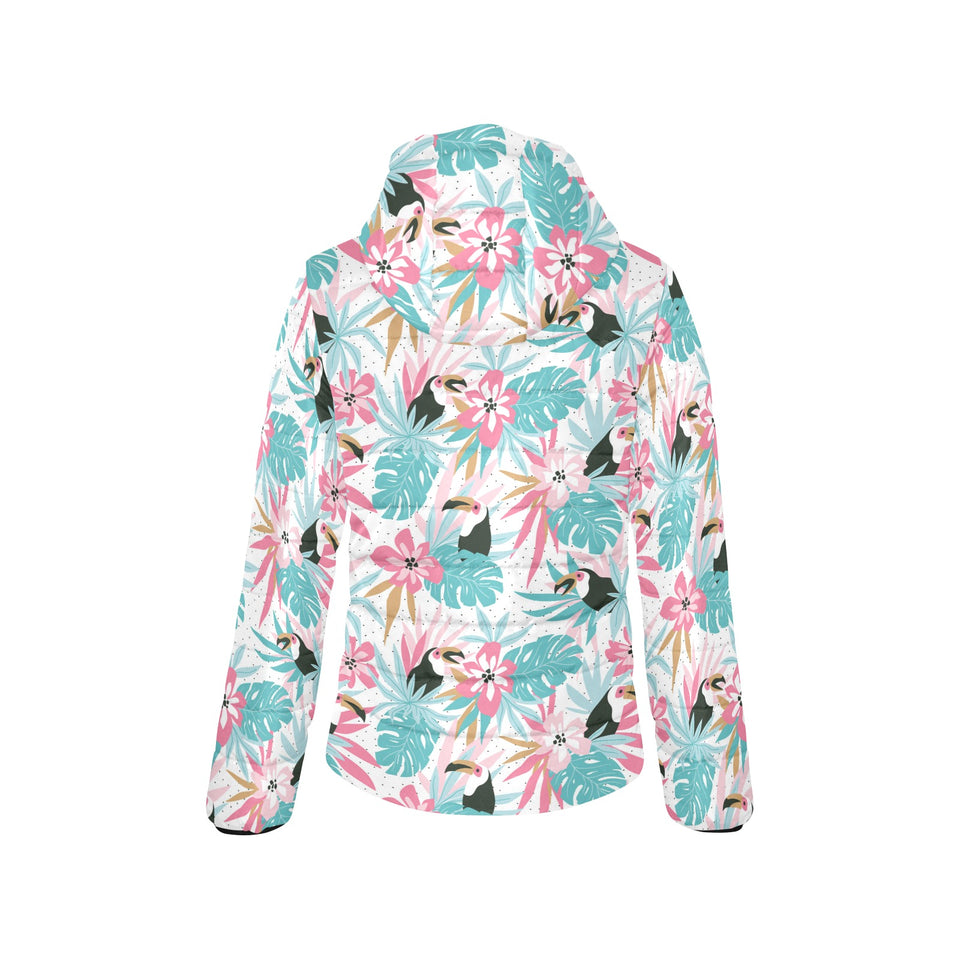 Toucan tropical flower leave pattern Women's Padded Hooded Jacket