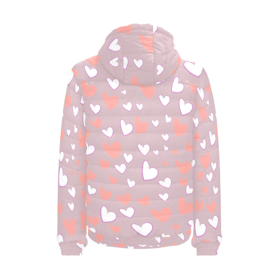 coral white heart pattern Men's Padded Hooded Jacket