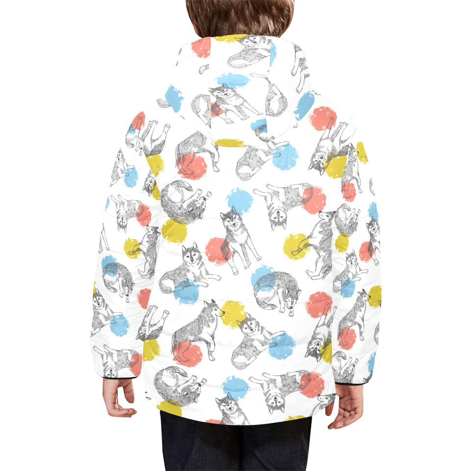 Siberian husky and colorful circle pattern Kids' Boys' Girls' Padded Hooded Jacket