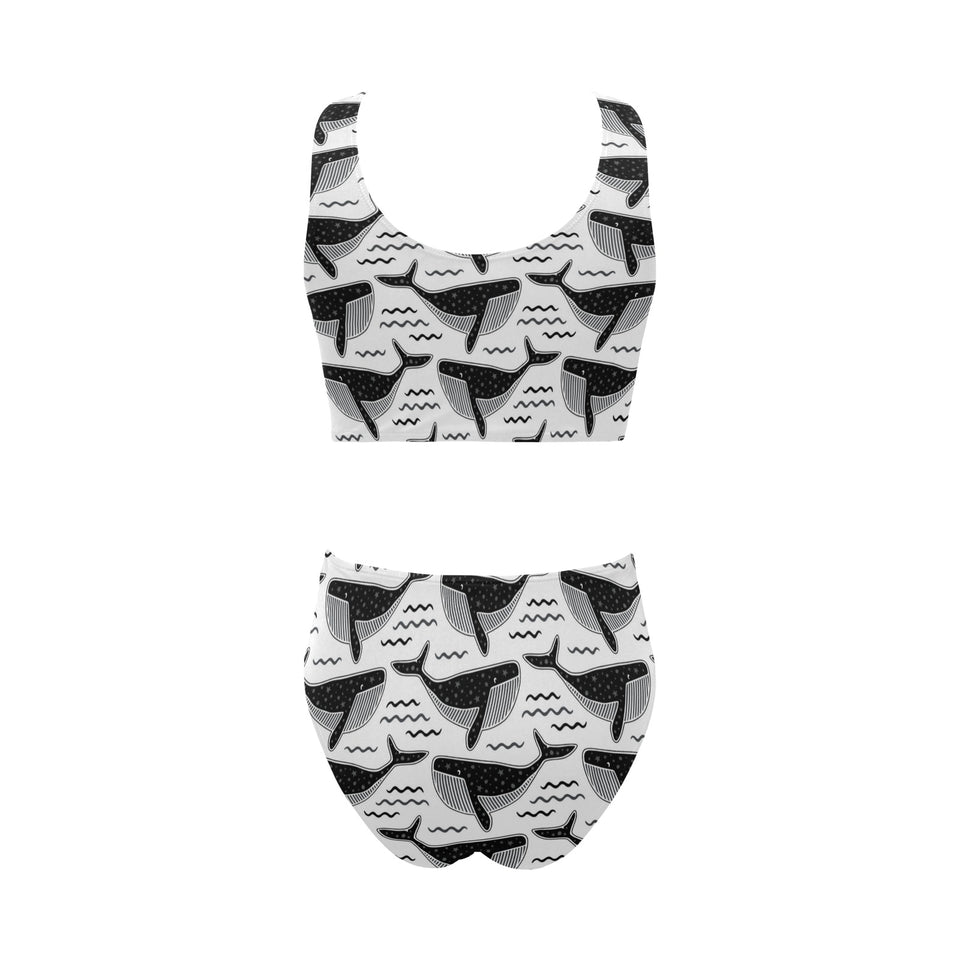 Black whale pattern Chest Bowknot High Waisted Bikini Swimsuit