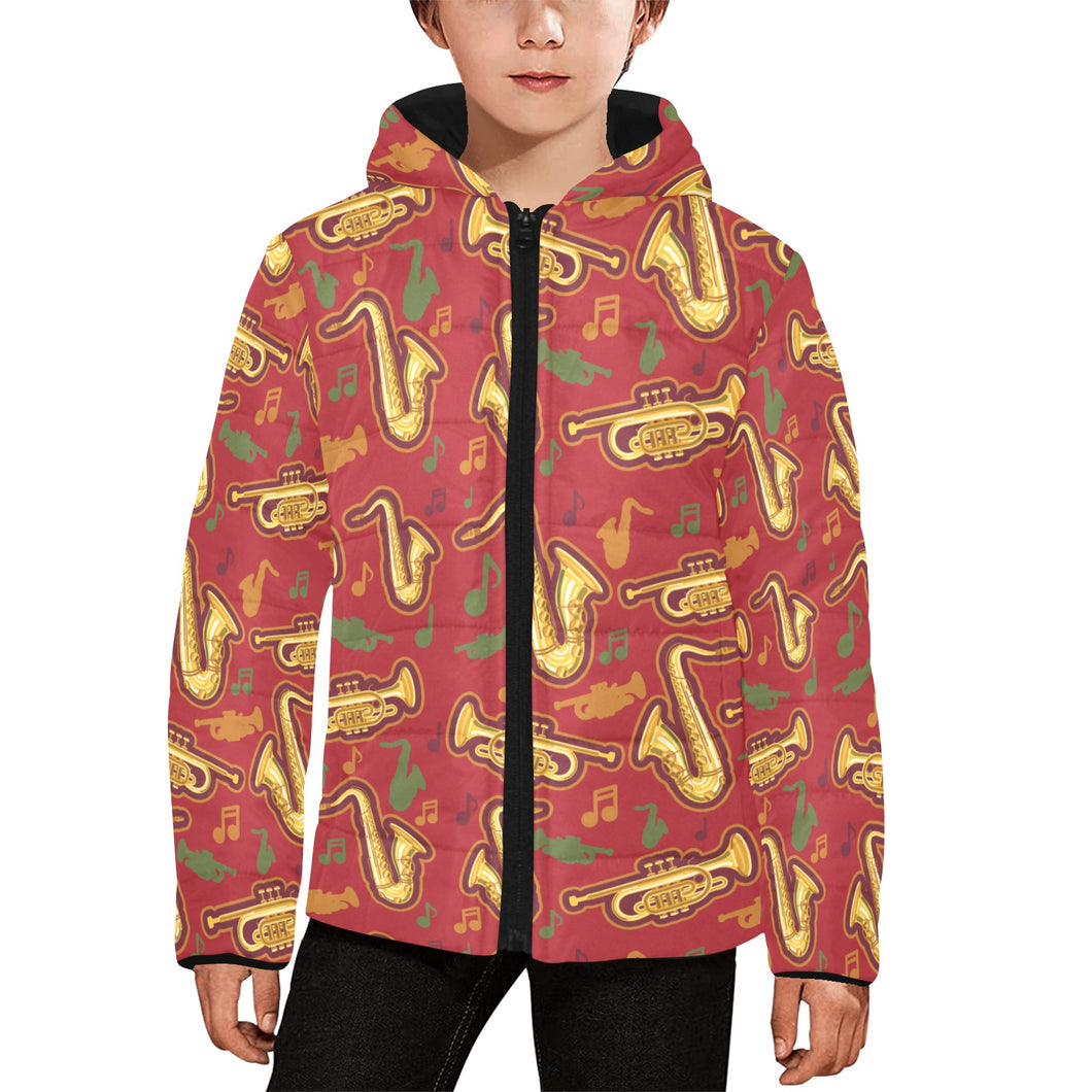 Saxophone cornet pattern red background Kids' Boys' Girls' Padded Hooded Jacket