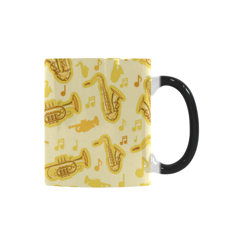 Saxophone cornet pattern yellow background Morphing Mug Heat Changing Mug