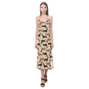 Dachshund floral background V-Neck Open Fork Long Dress
