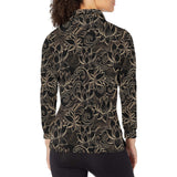 luxurious gold lotus waterlily black background Women's Long Sleeve Polo Shirt