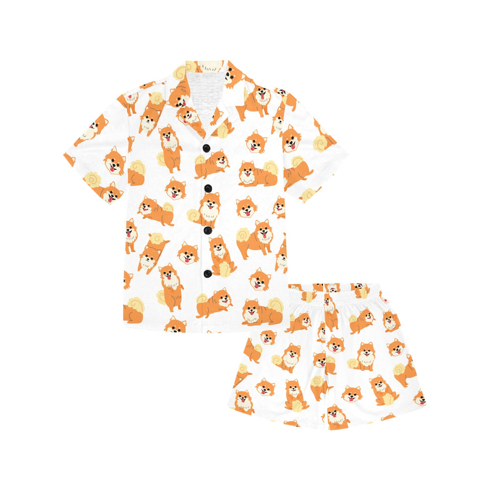 Brown pomeranian pattern Kids' Boys' Girls' V-Neck Short Pajama Set