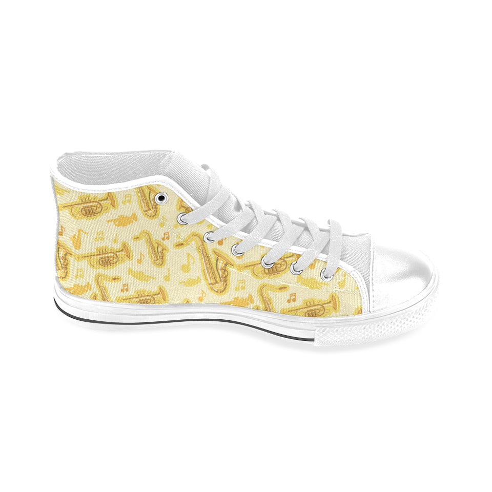 Saxophone cornet pattern yellow background Men's High Top Canvas Shoes White