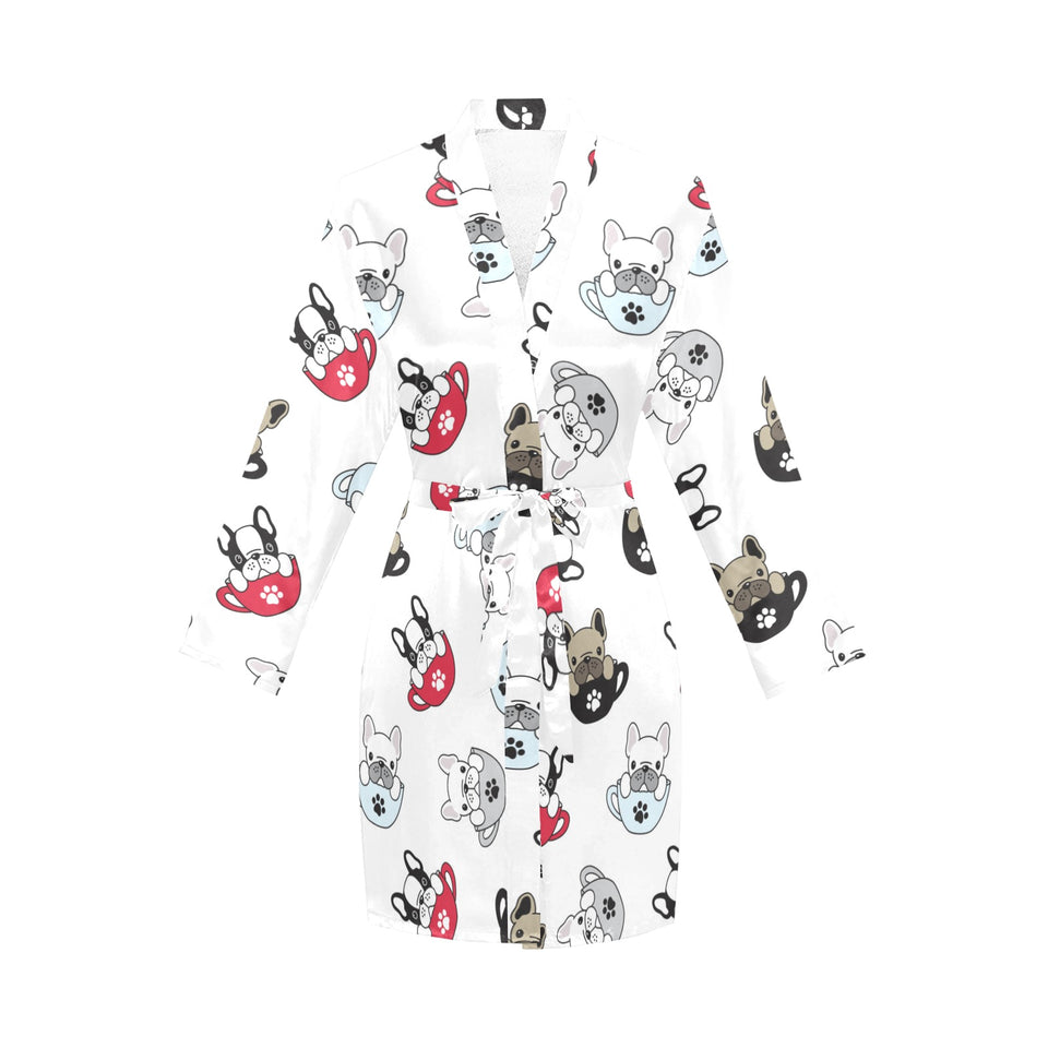 French bulldog cup paw pattern Women's Long Sleeve Belted Night Robe