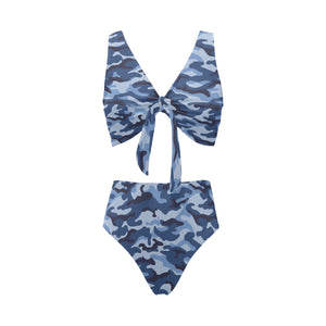 Blue camouflage pattern Chest Bowknot High Waisted Bikini Swimsuit