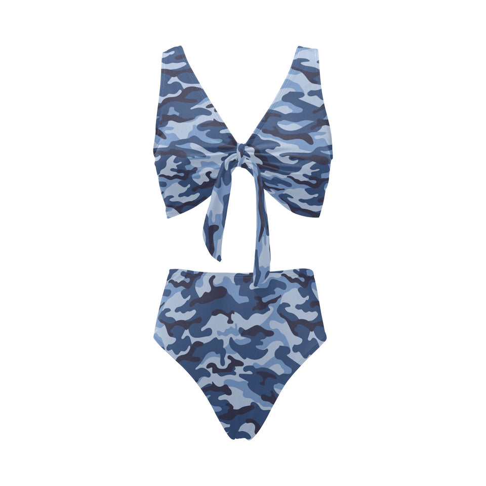 Blue camouflage pattern Chest Bowknot High Waisted Bikini Swimsuit