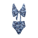 Blue camouflage pattern Chest Bowknot High Waisted Bikini Swimsuit