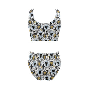 Lion Pattern Print Design 05 Chest Bowknot High Waisted Bikini Swimsuit