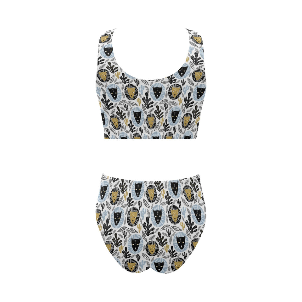 Lion Pattern Print Design 05 Chest Bowknot High Waisted Bikini Swimsuit