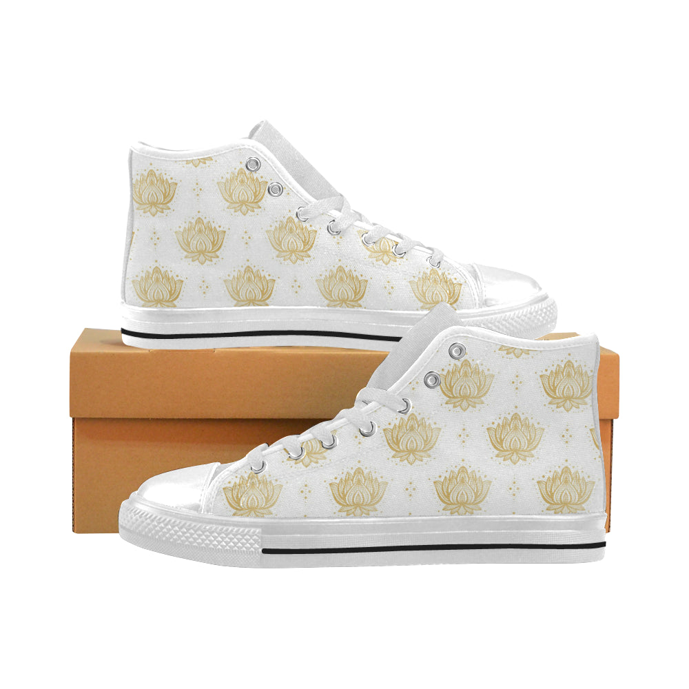 Gold Ornamental lotue waterlily symbol pattern Men's High Top Canvas Shoes White