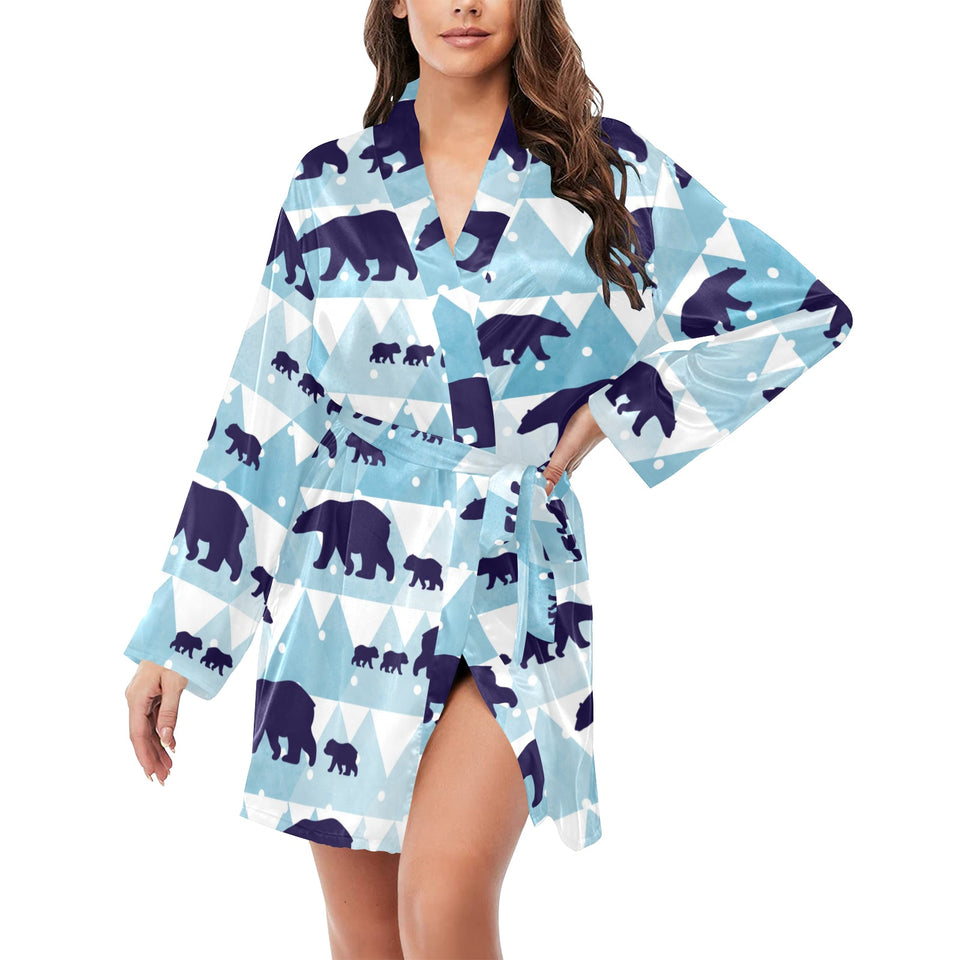 polar bear winter snow pattern Women's Long Sleeve Belted Night Robe