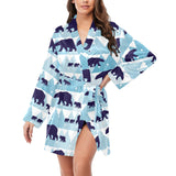 polar bear winter snow pattern Women's Long Sleeve Belted Night Robe