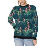 heliconia flowers, palm and monstera leaves on bla Women's Crew Neck Sweatshirt