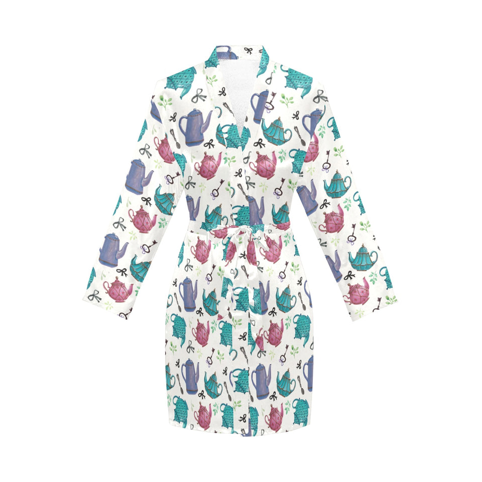 Tea pots Pattern Print Design 05 Women's Long Sleeve Belted Night Robe