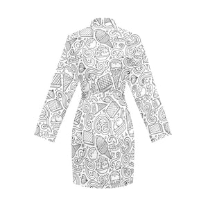 Cartoon hand drawn ice cream black white Women's Long Sleeve Belted Night Robe