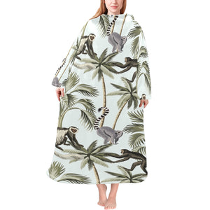 Monkey sloth lemur palm trees pattern Blanket Robe with Sleeves