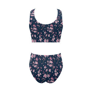 Pink sakura cherry blossom blue background Chest Bowknot High Waisted Bikini Swimsuit