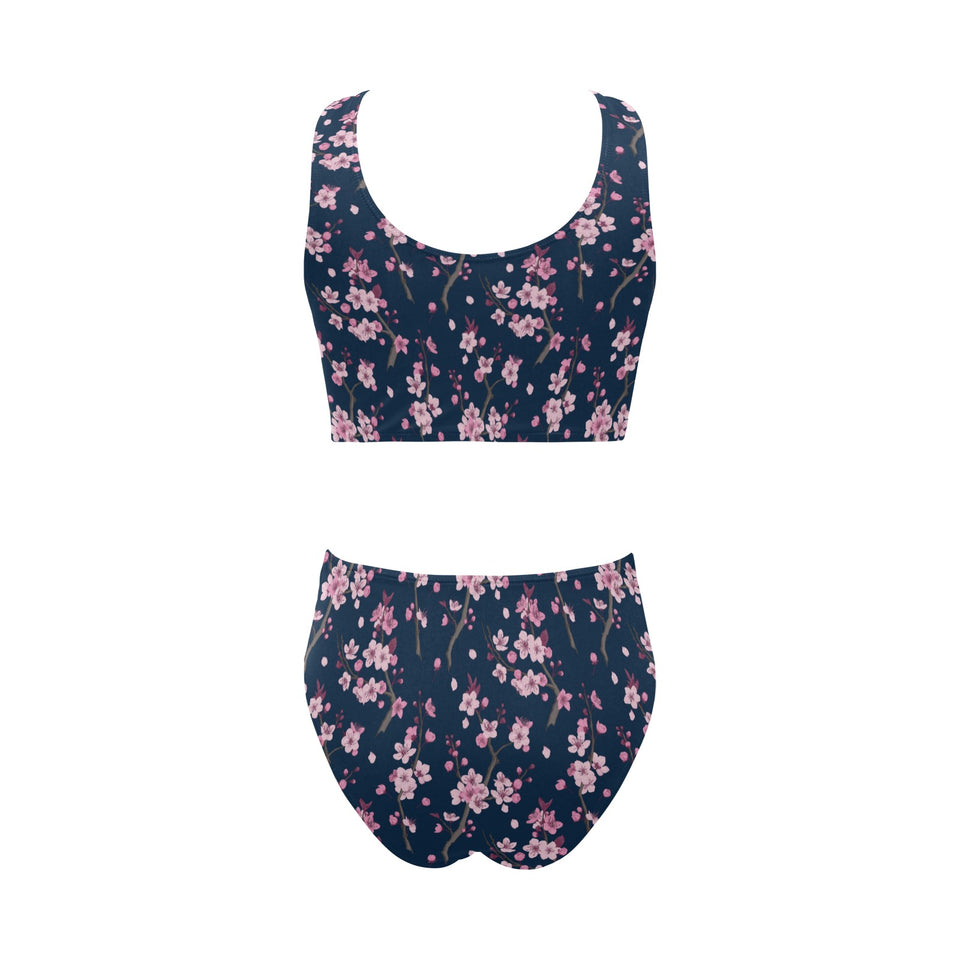 Pink sakura cherry blossom blue background Chest Bowknot High Waisted Bikini Swimsuit