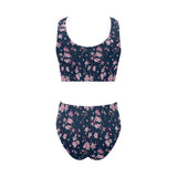 Pink sakura cherry blossom blue background Chest Bowknot High Waisted Bikini Swimsuit