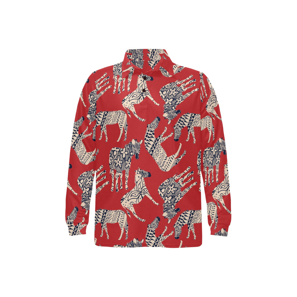 Zebra abstract red background Men's Long Sleeve Polo Shirt