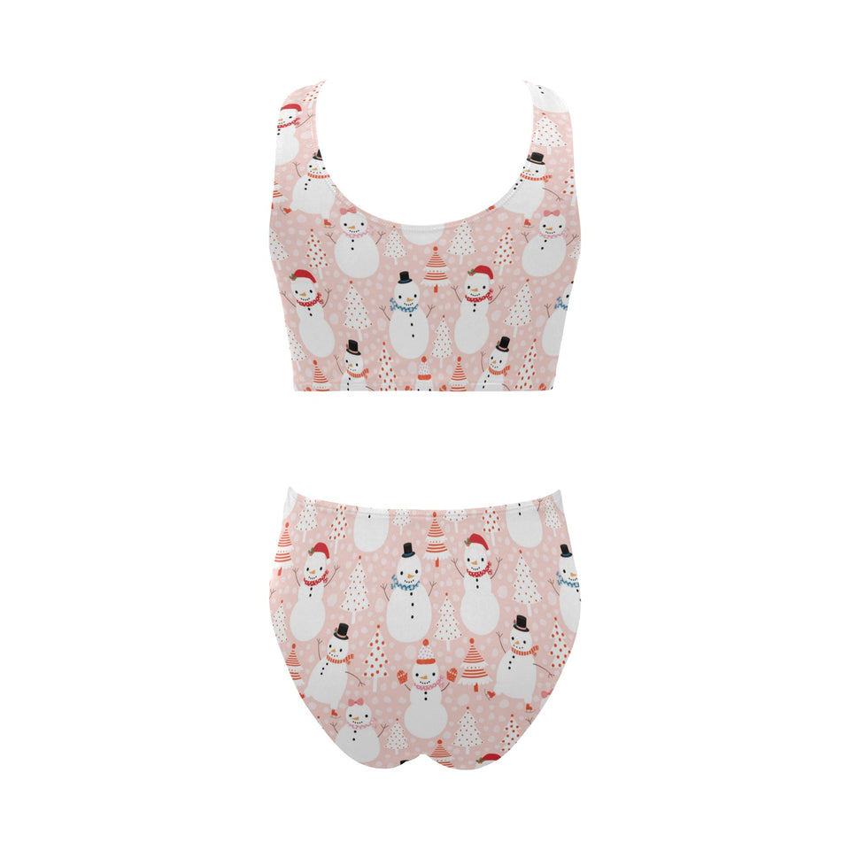 Cute snowman christmas tree snowpink background Chest Bowknot High Waisted Bikini Swimsuit