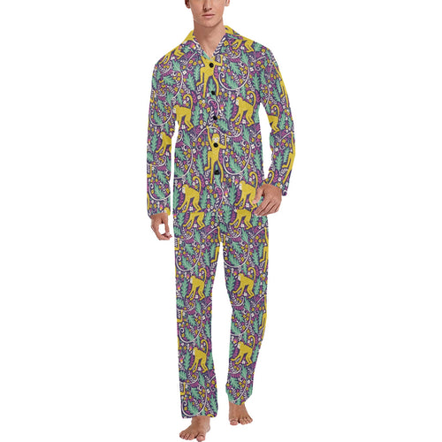 Cute yellow monkey leaves pattern Men's Long Pajama Set