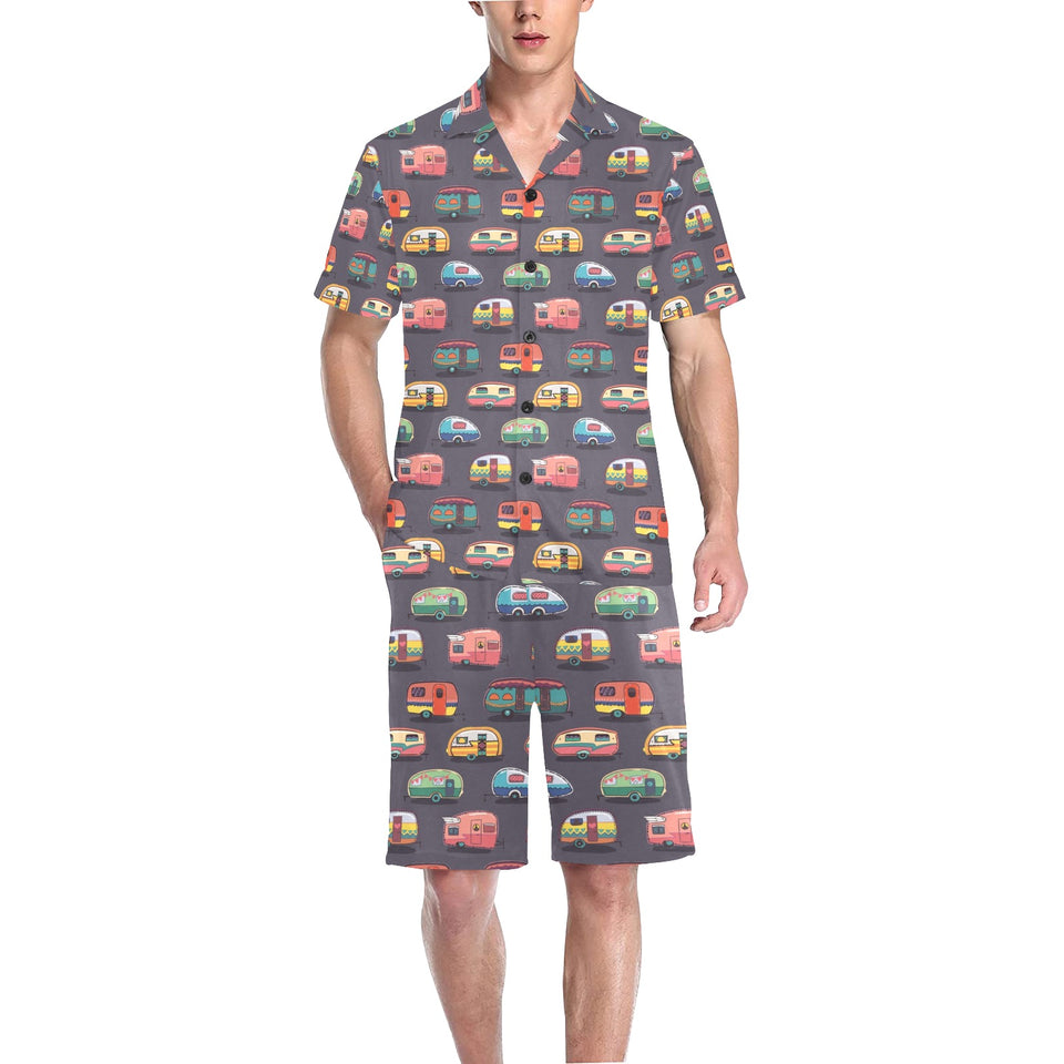 Camper Van Pattern Print Design 02 Men's V-Neck Short Pajama Set