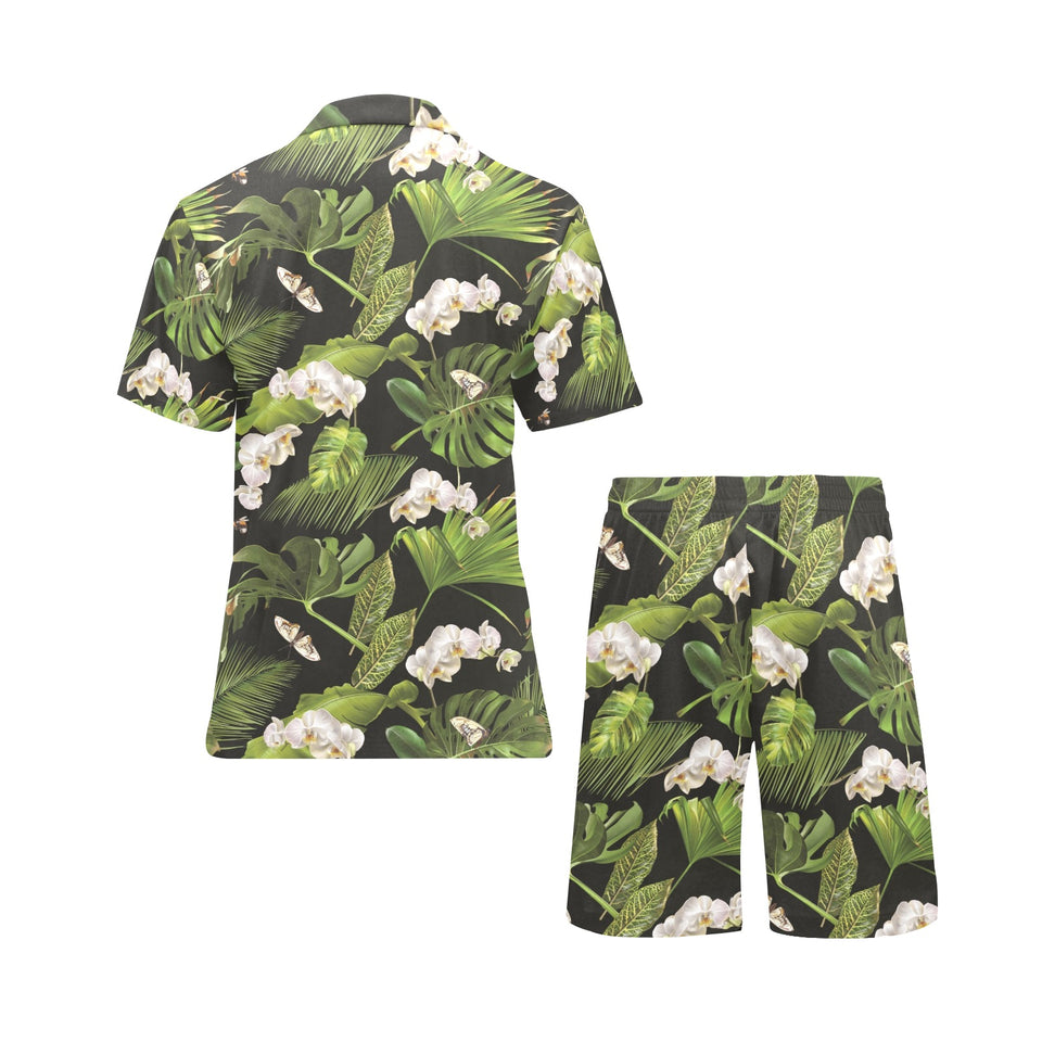 White orchid flower tropical leaves pattern blackg Men's V-Neck Short Pajama Set