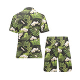 White orchid flower tropical leaves pattern blackg Men's V-Neck Short Pajama Set