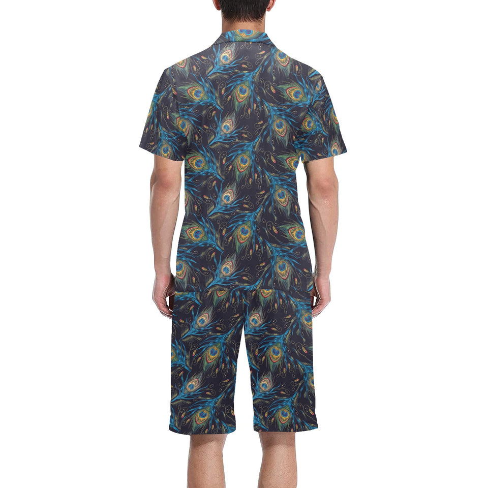 Beautiful peacock feather pattern Men's V-Neck Short Pajama Set