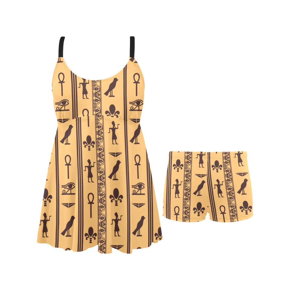 Egypt Hieroglyphics Pattern Print Design 02 Chest Sexy Pleated Two Piece Swim Dress