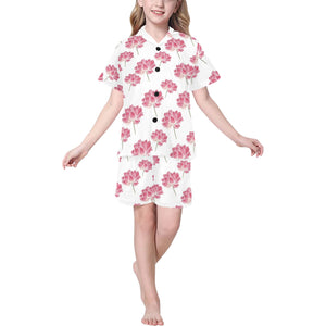 Pink lotus waterlily pattern Kids' Boys' Girls' V-Neck Short Pajama Set