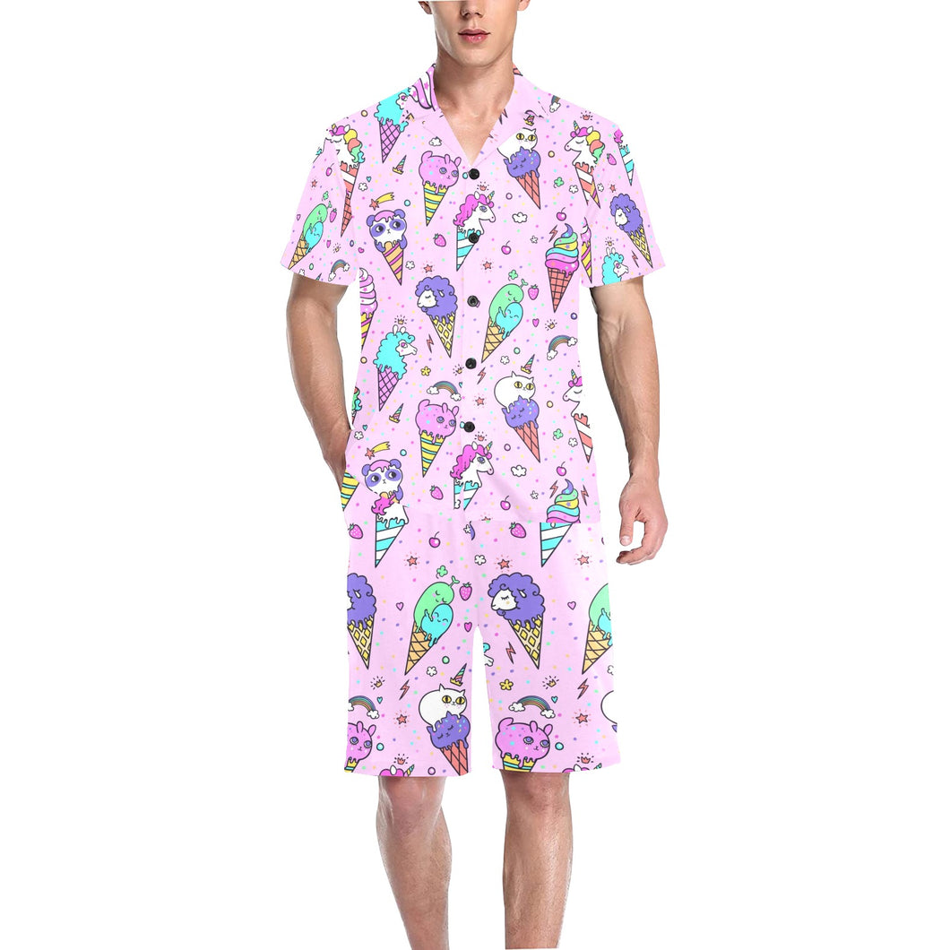 Cute ice cream cone animal pattern Men's V-Neck Short Pajama Set