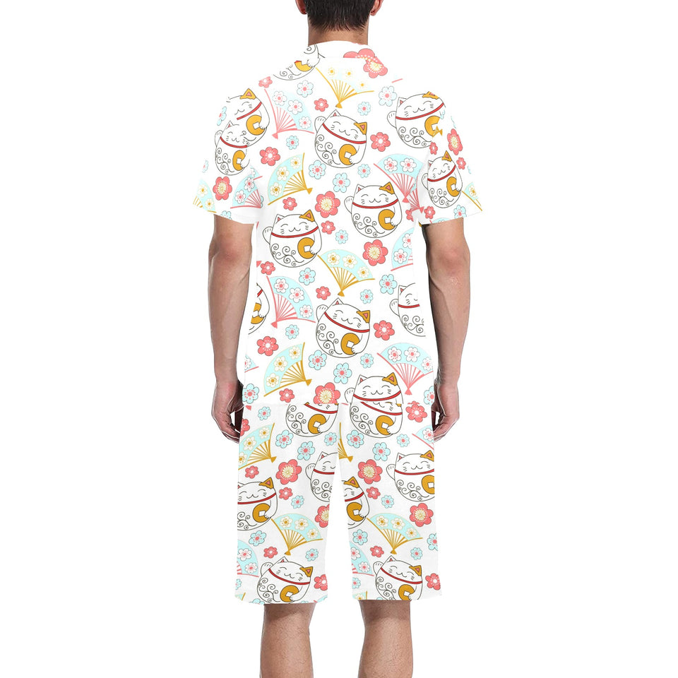Maneki neko cat fan sakura Men's V-Neck Short Pajama Set