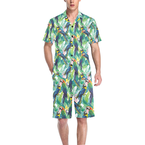 Colorful parrot exotic flower leaves Men's V-Neck Short Pajama Set