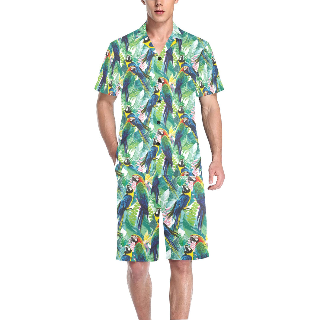 Colorful parrot exotic flower leaves Men's V-Neck Short Pajama Set