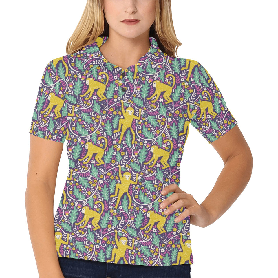 Cute yellow monkey leaves pattern Women's All Over Print Polo Shirt