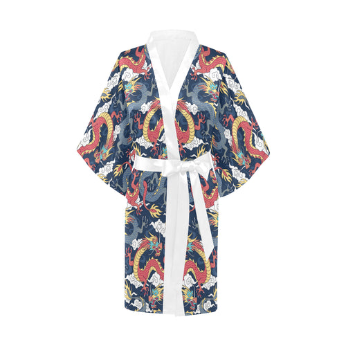 Blue red dragon cloud pattern Women's Short Kimono Robe