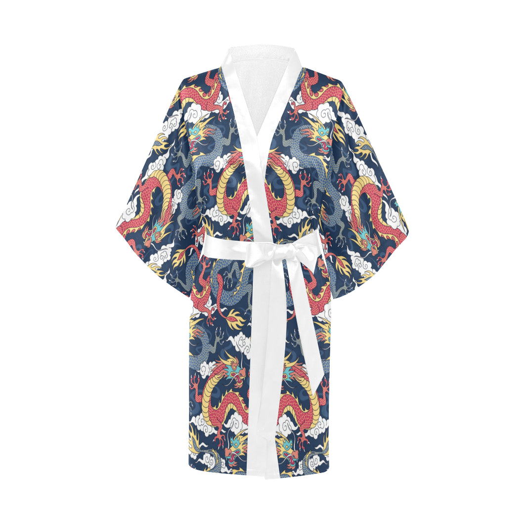 Blue red dragon cloud pattern Women's Short Kimono Robe