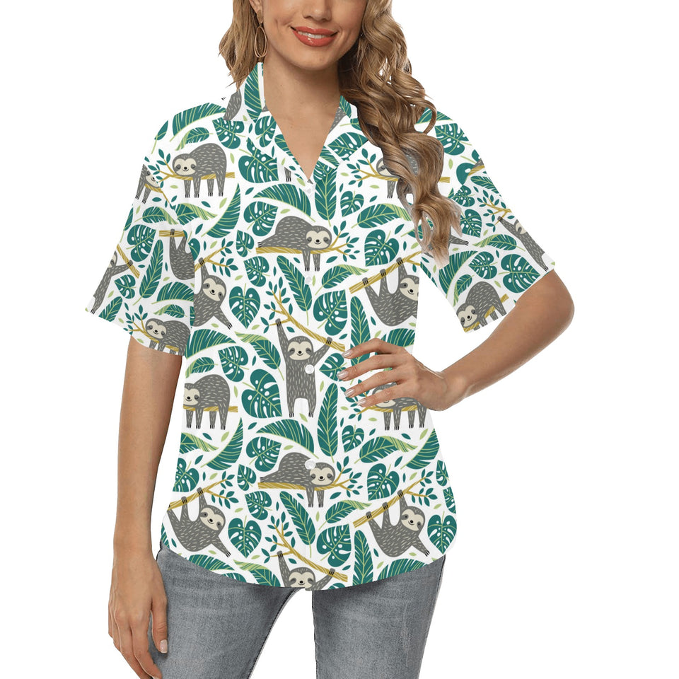 Cute sloths tropical palm leaves white background Women's All Over Print Hawaiian Shirt
