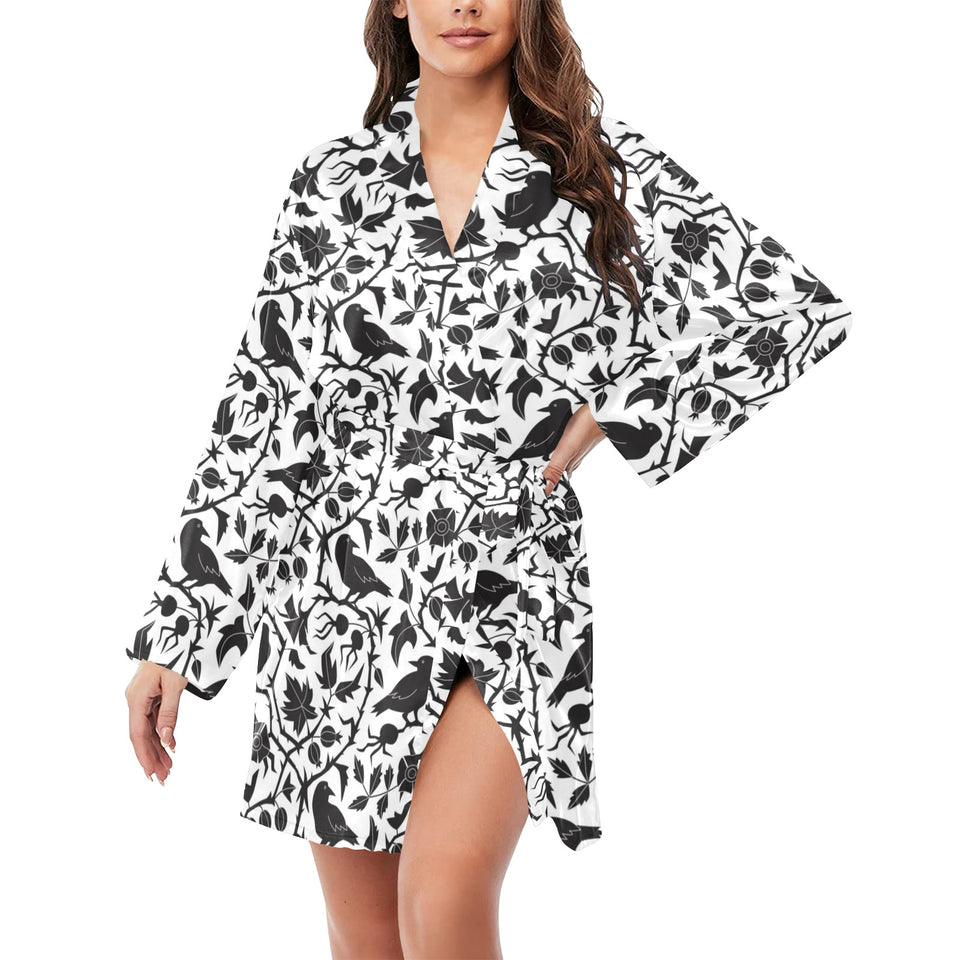 Crow dark floral pattern Women's Long Sleeve Belted Night Robe